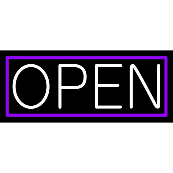 Purple Border With White Open LED Neon Sign 6 x 15 - inches, Black Square Cut Acrylic Backing, with Dimmer - Bright and Premium built indoor LED Neon Sign for storefront.