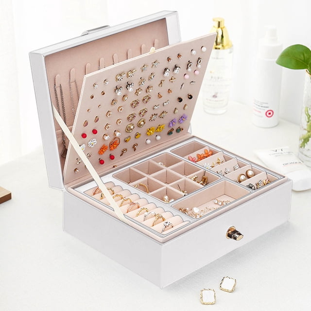 Fiudx Joyero, Elegante Organizador de Cuero, Gran Capacidad para Guardar Aretes, Bandeja de Exhibición de Doble Capa, Ideal Como Regalo para Mujer, Ideal para El Hogar, Diseño Elegante.