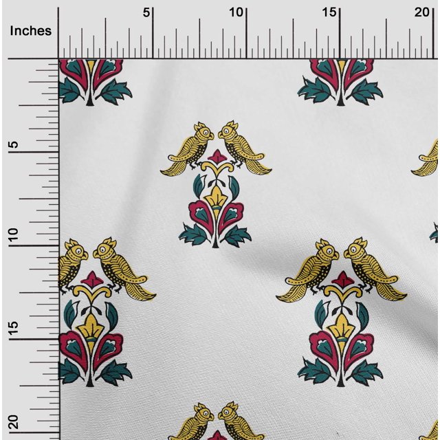 oneOone Viscose Jersey Fabric Leaves|Bird & Floral Block Printed Craft Fabric BTY 60 Inch Wide