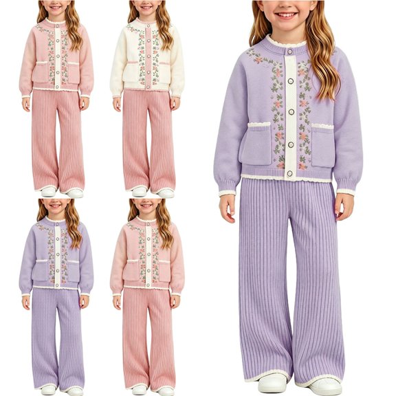 WAVSUF Girls Sweater Cardigan Sets, Round Neck Long Sleeve Sweater and Wide Leg Pants Winter Knitted Cute Outfits 2 Piece Purple 7-8