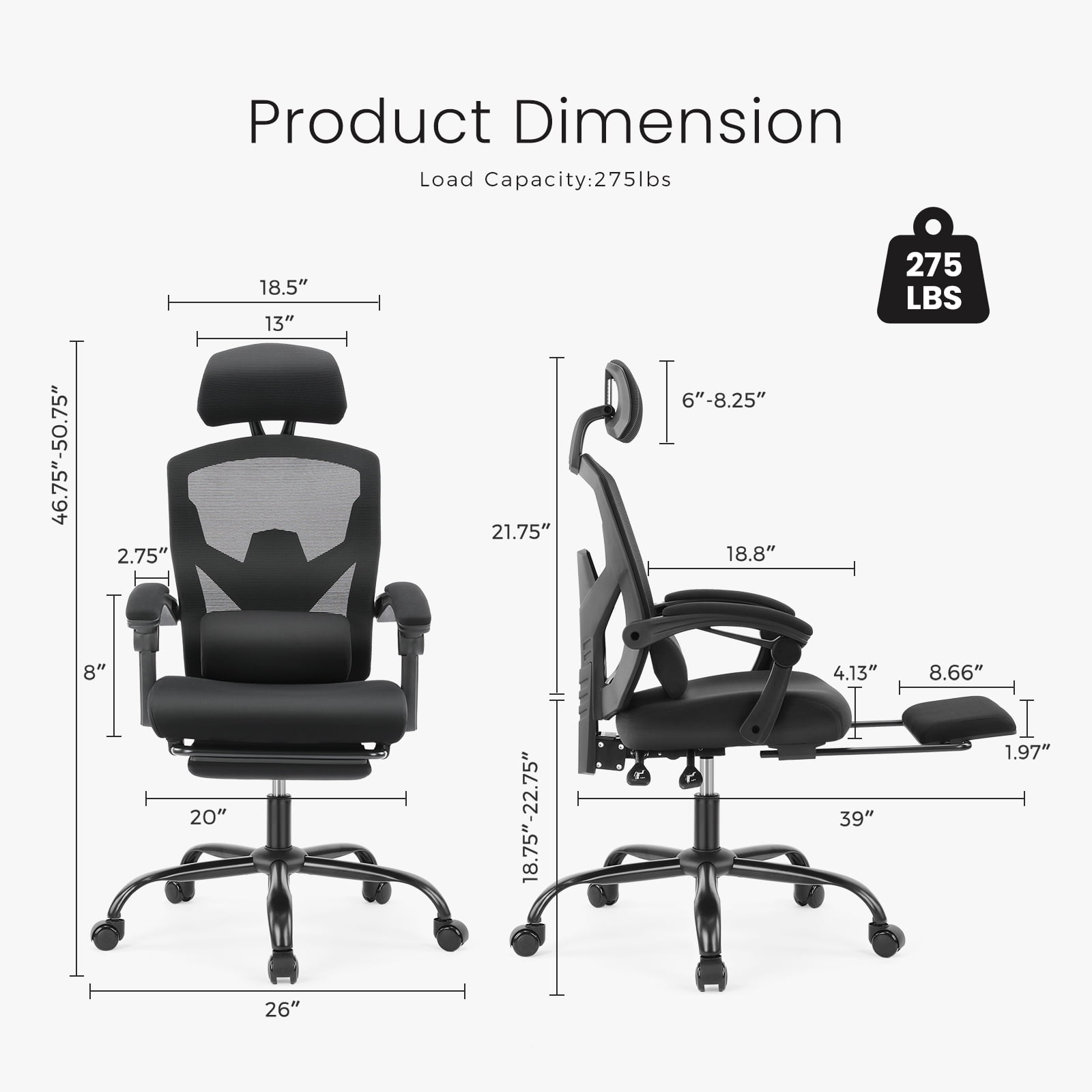 JIOABL Ergonomic Office Chair - High Back Mesh, Reclining with Lumbar Support, Adjustable Headrest, Footrest & Padded Arms, Black