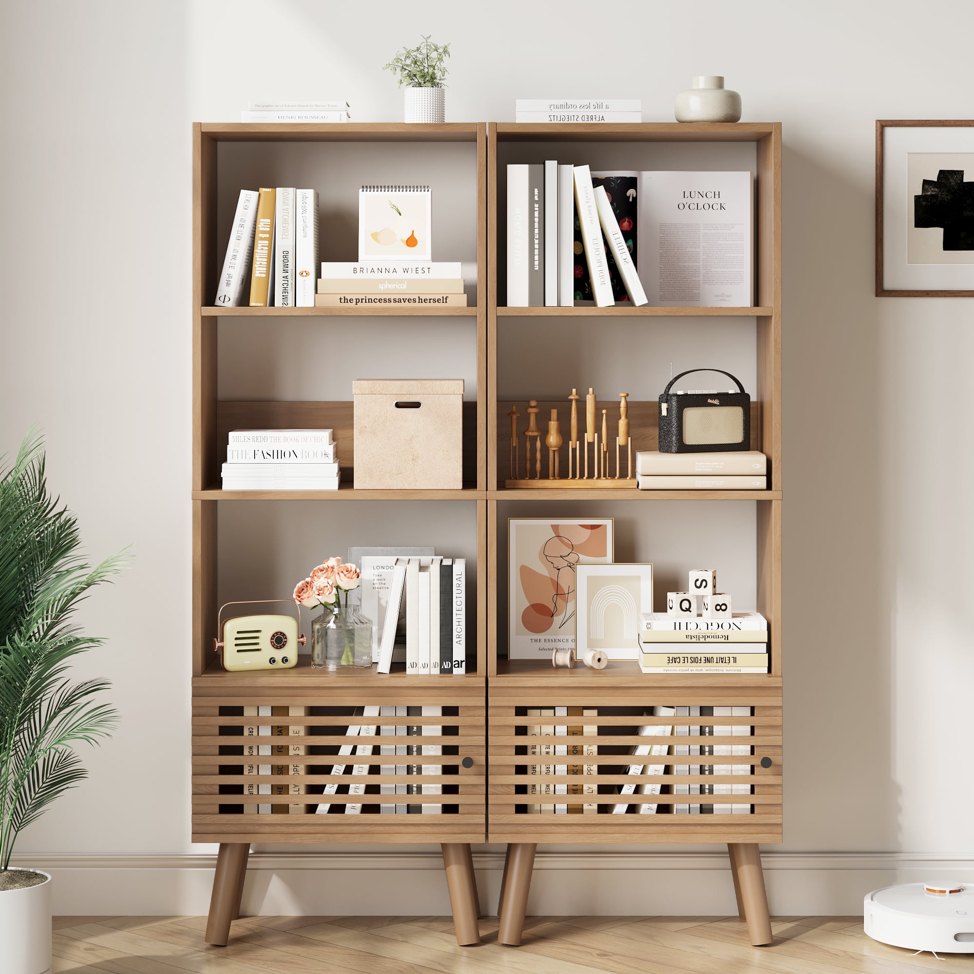 Mid-Century Modern Bookshelf with Slatted Door, 55" H Small Narrow Corner Bookcase, 4 Cube Bookcase with Open Shelf, Display Storage Cabinet for Living Room, Home Office, Oak