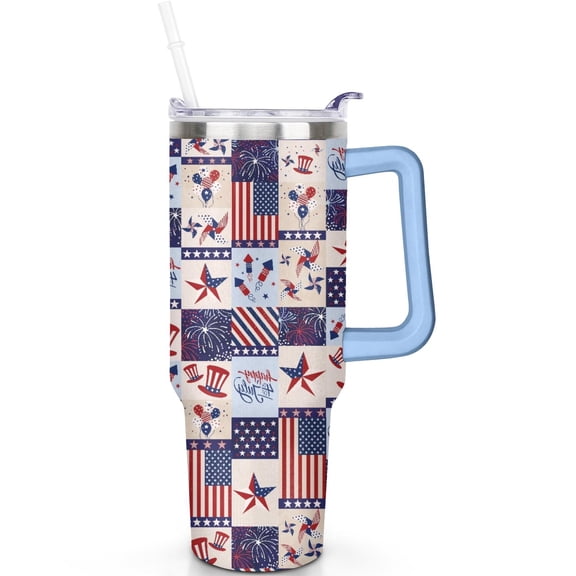 40oz Independence Day Stainless Steel Mug – Insulated Tumbler with Handle and Flip Lid for Summer Drinks and Travel