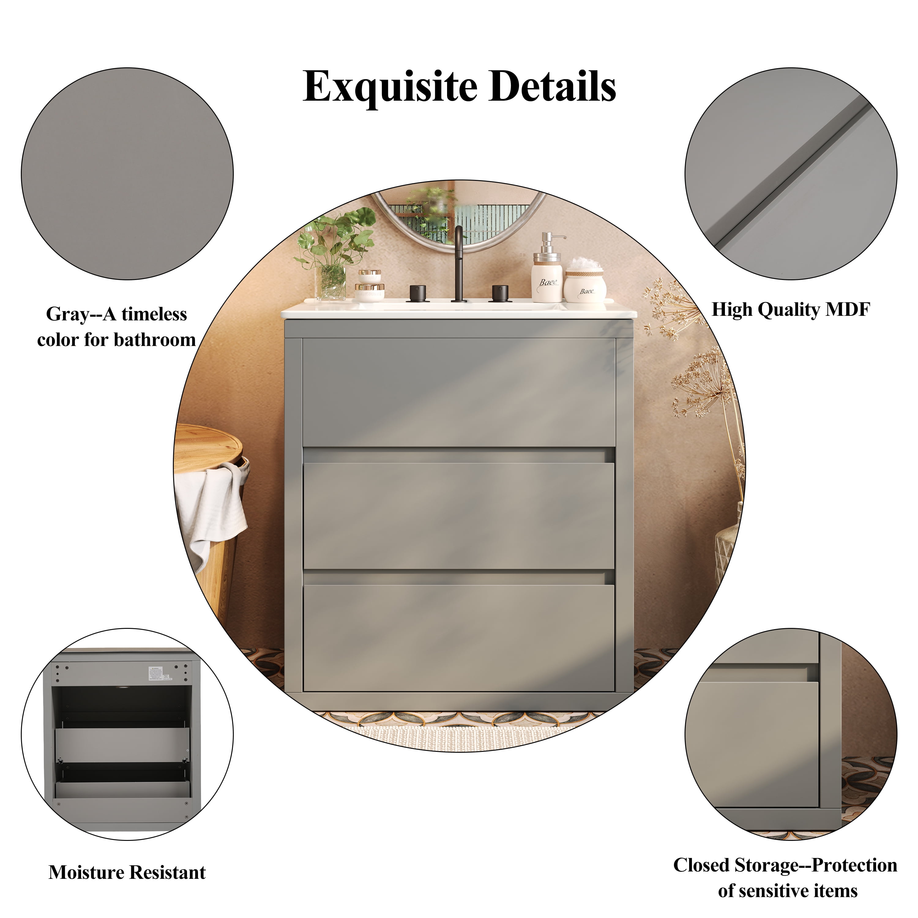 Euroco 30" Bathroom Vanity with Ceramic Sink and 2 Full-Extension Drawers, Freestanding Bathroom Vanity with 45° Free-Handle Design, Soft Close Undermount Drawer Slides, Gray