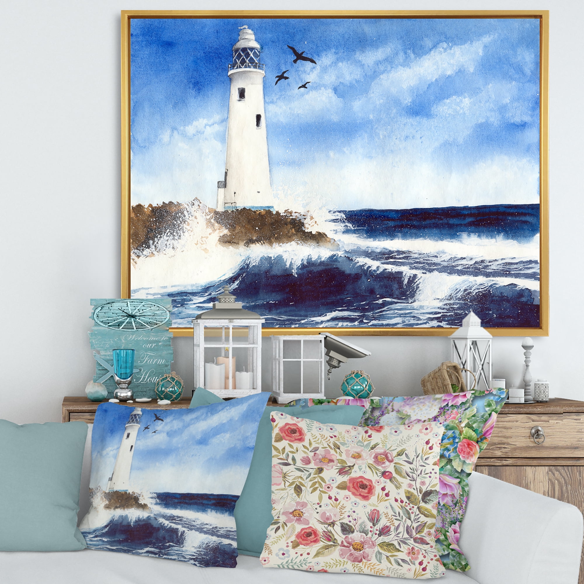Designart 'Seagulls With Lighthouse On The Rocky Island' Nautical & Coastal Framed Canvas Wall Art Print