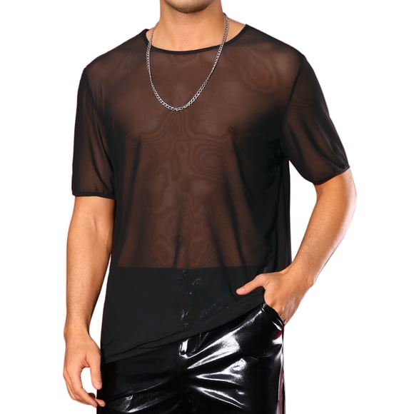 Camiseta de malla transparente INSPIRE CHIC para hombre, camiseta de manga corta, cuello redondo, camiseta de fiesta, ver a través de camisetas L negra