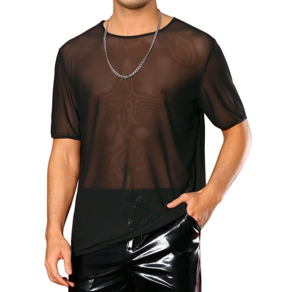 INSPIRE CHIC Sheer Mesh T-Shirt for Men's Short Sleeve Tee Top Crew Neck Party See Through t Shirts S Black