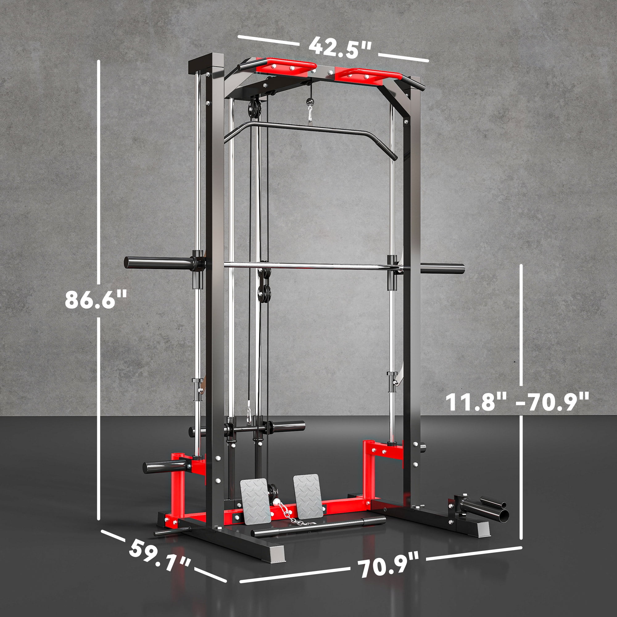 Soozier Multi-Function Smith Machine Power Rack with Pull Up Bar, Lat Pull Down System, Landmine, Squat Rack, Barbell Bar, for Home Gym