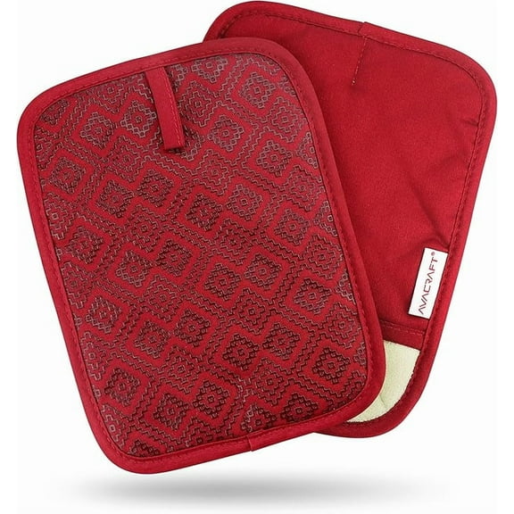 AVACRAFT Red Pot Holders Set, Flexible, 100% Cotton with Non-Slip Heat Resistant Silicone Design, Thick Terry Cloth Interior, Hot Pads, 500 F Heat Resistant Kitchen Mitts (Red Pot Holder)
