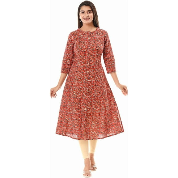 VIHAAN IMPEX Printed Casual Red Floral Kurta for Women, Pullover, Below The Knee, 1 Count