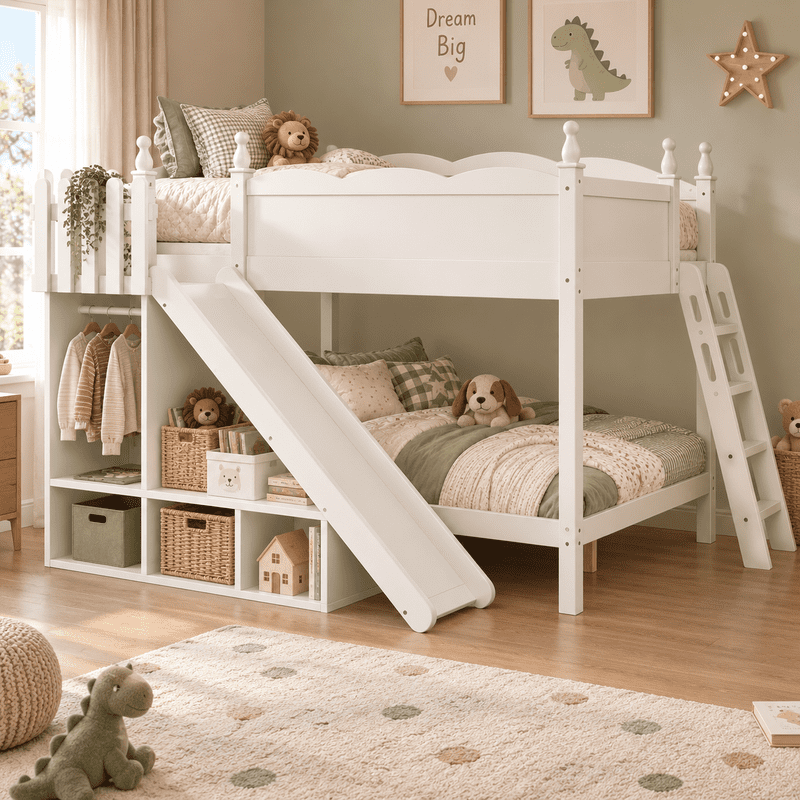 Full Over Full Bunk Bed with Slide and Ladder, Solid Wood Kids Bunk Bed with Storage Shelves and Hanging Rod, Low Profile Design, Full-Length Guardrails
