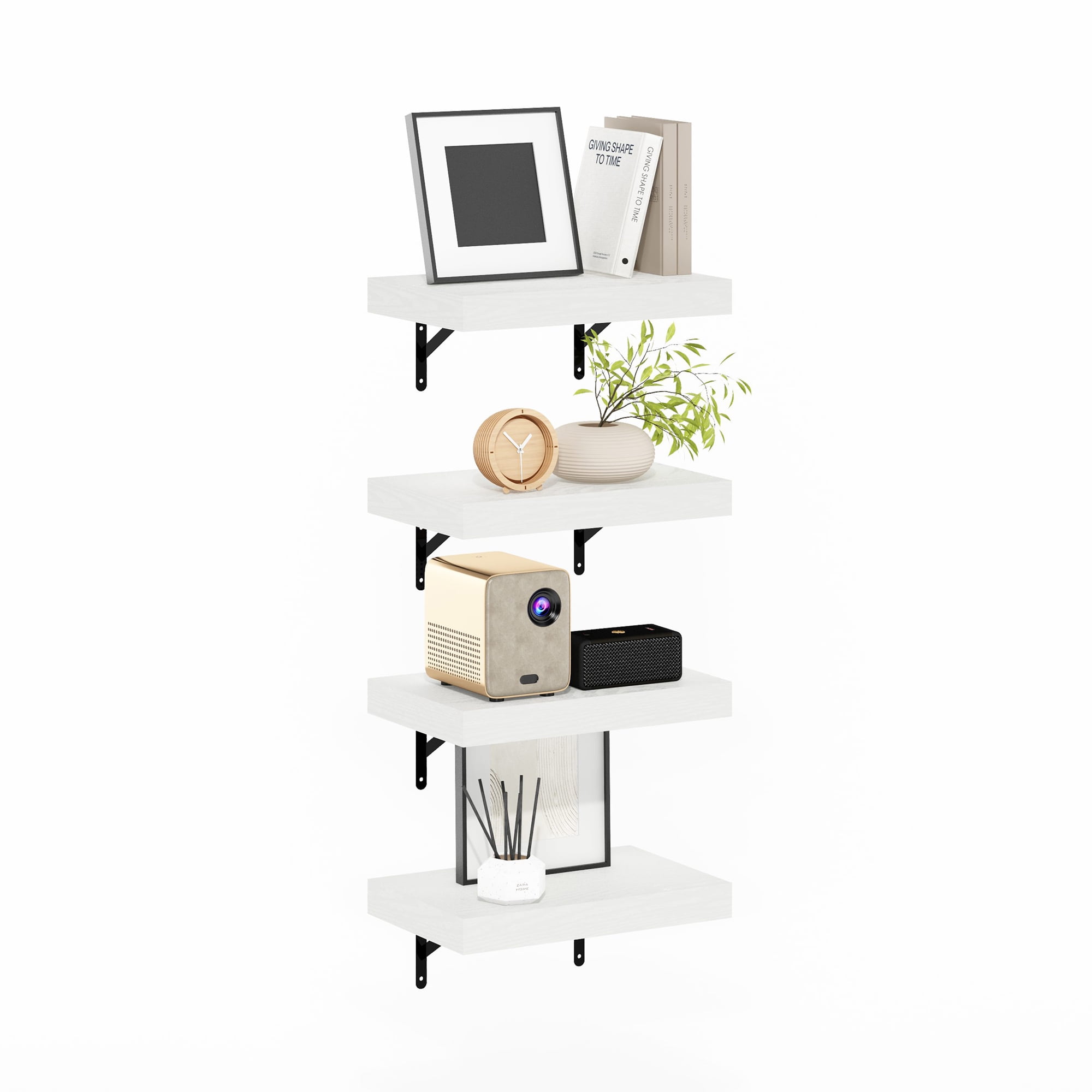 Furinno TANNA Floating Shelves for Wall Set of 4, 15-Inch Wall Shelf, Wall Mounted Shelf, for Bathroom, Home Office, Living Room, White Texture