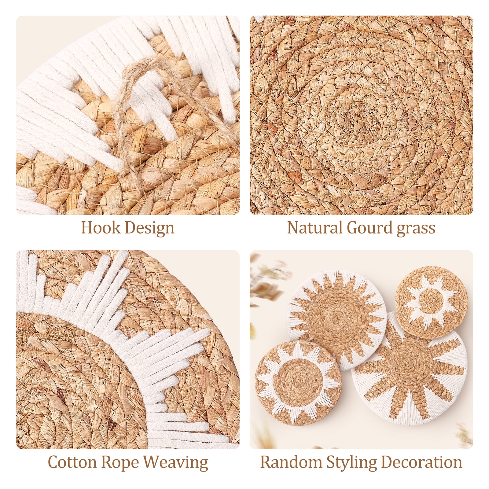 4Pcs Woven Wall Baskets Decor Handmade Decorative Set with Hooks Lightweight Easy to Install for Living Room Bedroom