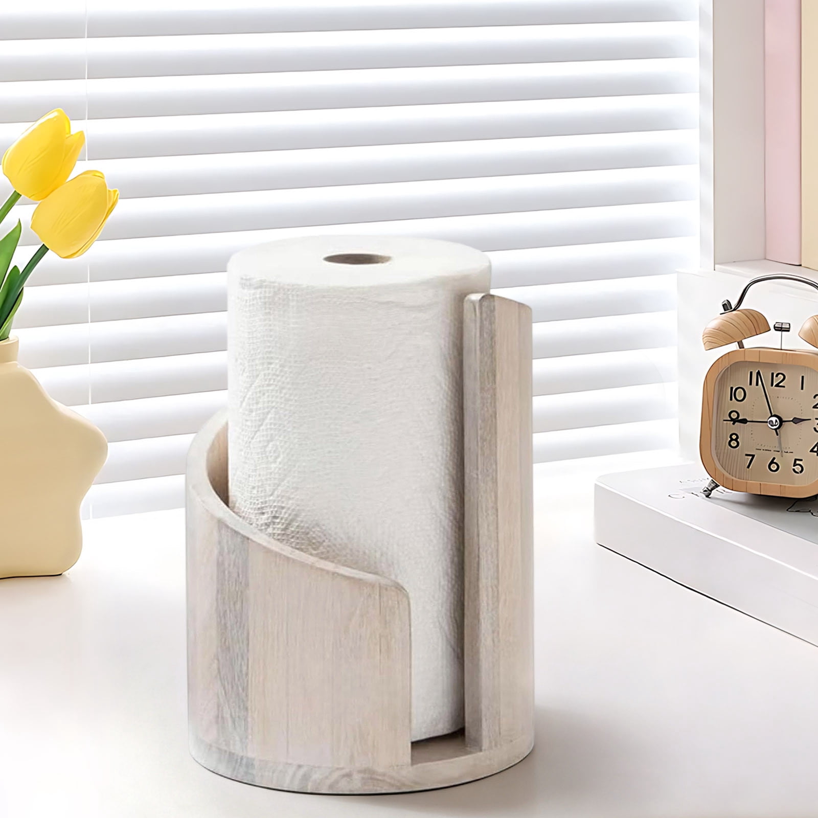 Paper Towel Holder Countertop with Wood Round Base and Iron Holder,Wood and Metal Paper Towel Holders Countertop,Spiral Design Decorative Storage Box for Bathroom