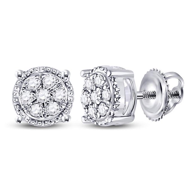 Boucles d'Oreilles Rondes en Or Blanc 10kt pour Femmes avec Diamants et Fleurs en Grappe 1/6 Cttw