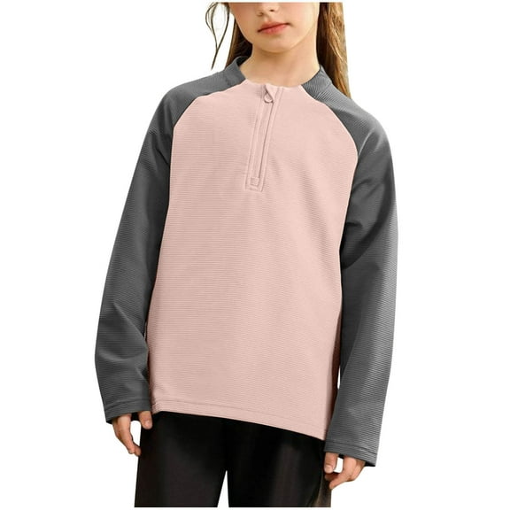 zbxnLI Unisex Boys Girls Athletic Shirts Quarter Zip Long Sleeve Color Block Casual T-Shirt for Kids