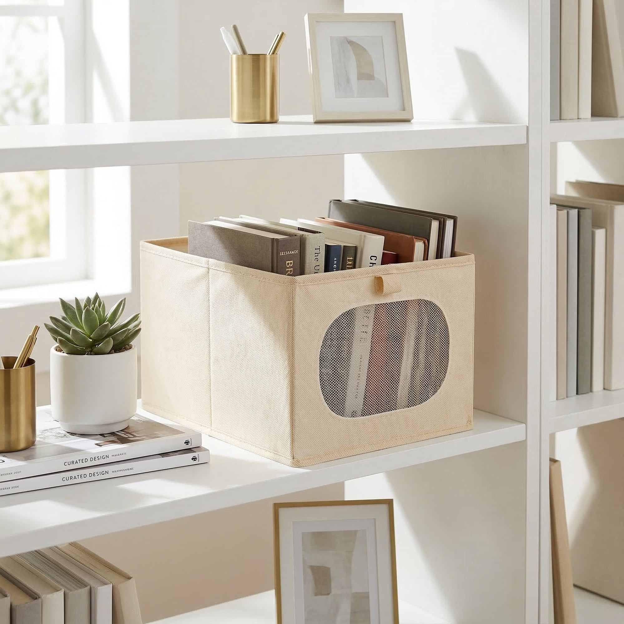 Unique Bargains Fabric Storage Bin With Bottom Beige 14.2*9.8*7.9in