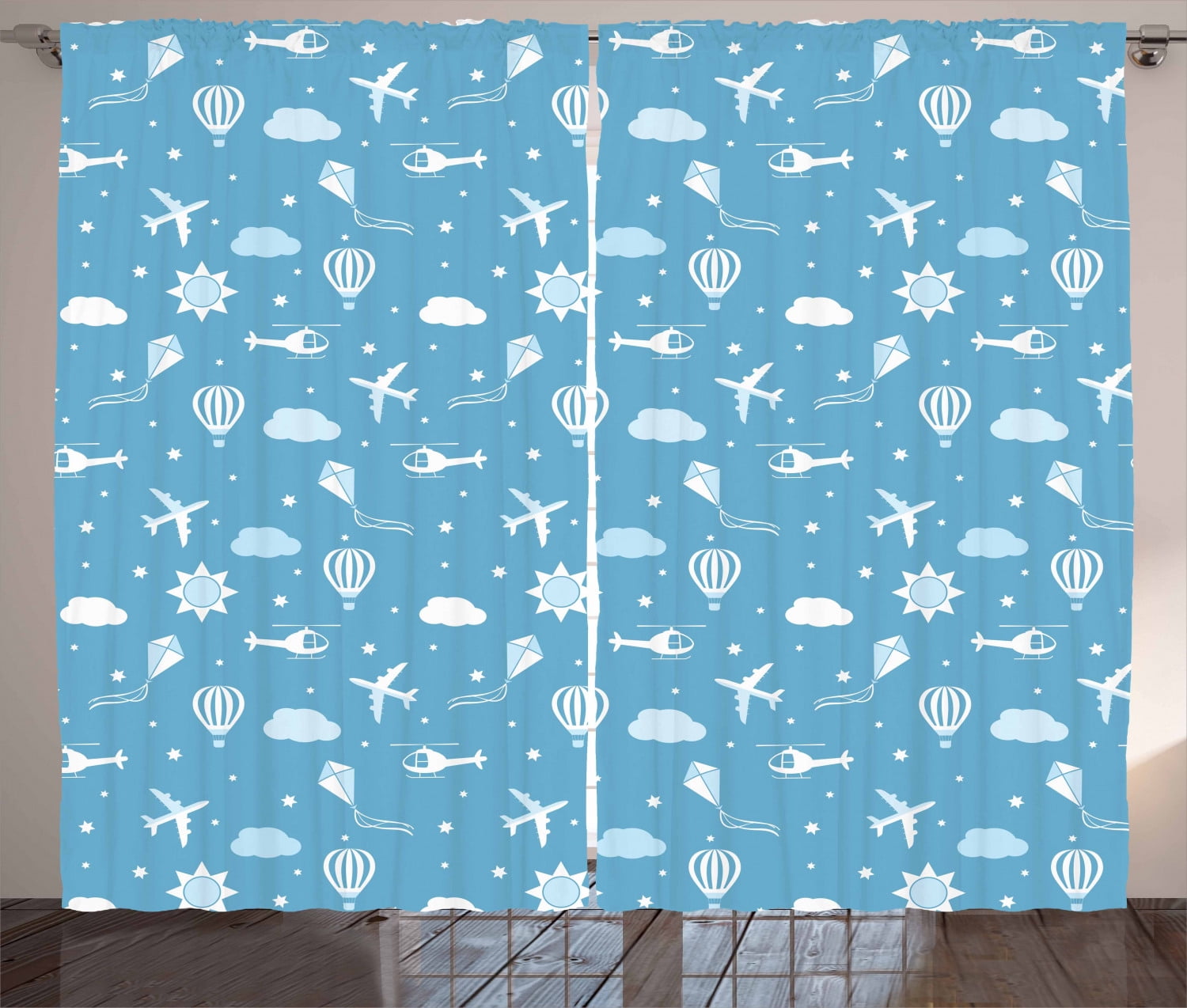 Nursery Airplane Curtains 2 Panels Set, Kites Aircraft Helicopters and