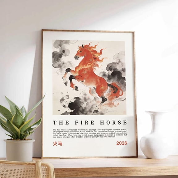 Year of the Fire Horse 2026 Poster | Chinese Zodiac Horse Wall Art | Lunar New Year Fire Horse Print | Asian Symbolic Art, Unframed Paper Poster 8x10in