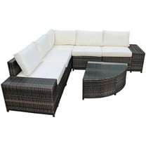 Topcobe 6 Piece Wicker Patio Sectional Sofa Set with Tempered Glass Coffee Table, Outdoor Furniture, White