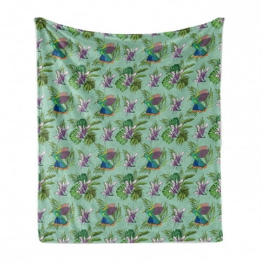 Orchids Soft Flannel Fleece Throw Blanket, Hummingbird with Dendrobiums Wild Branch Jungle Rainforest Monstera Leaf Pattern, Cozy Plush for Indoor and Outdoor Use, 50" x 70", Multicolor, by Ambesonne