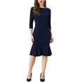 thumbnail image 2 of INSPIRE CHIC Women's Dress Boat Neck Half Sleeve Pleated Work Elegant Midi Dress L Dark Blue, 2 of 5
