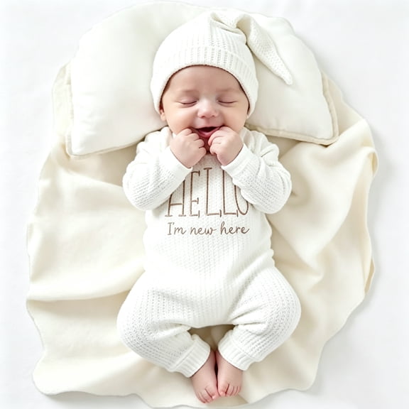 "Hello" Embroidery Newborn Photography Props Infant Romper Jumpsuit with Bow Hat Baby Coming Home Outfit Baby Photo Gift 0-3Months