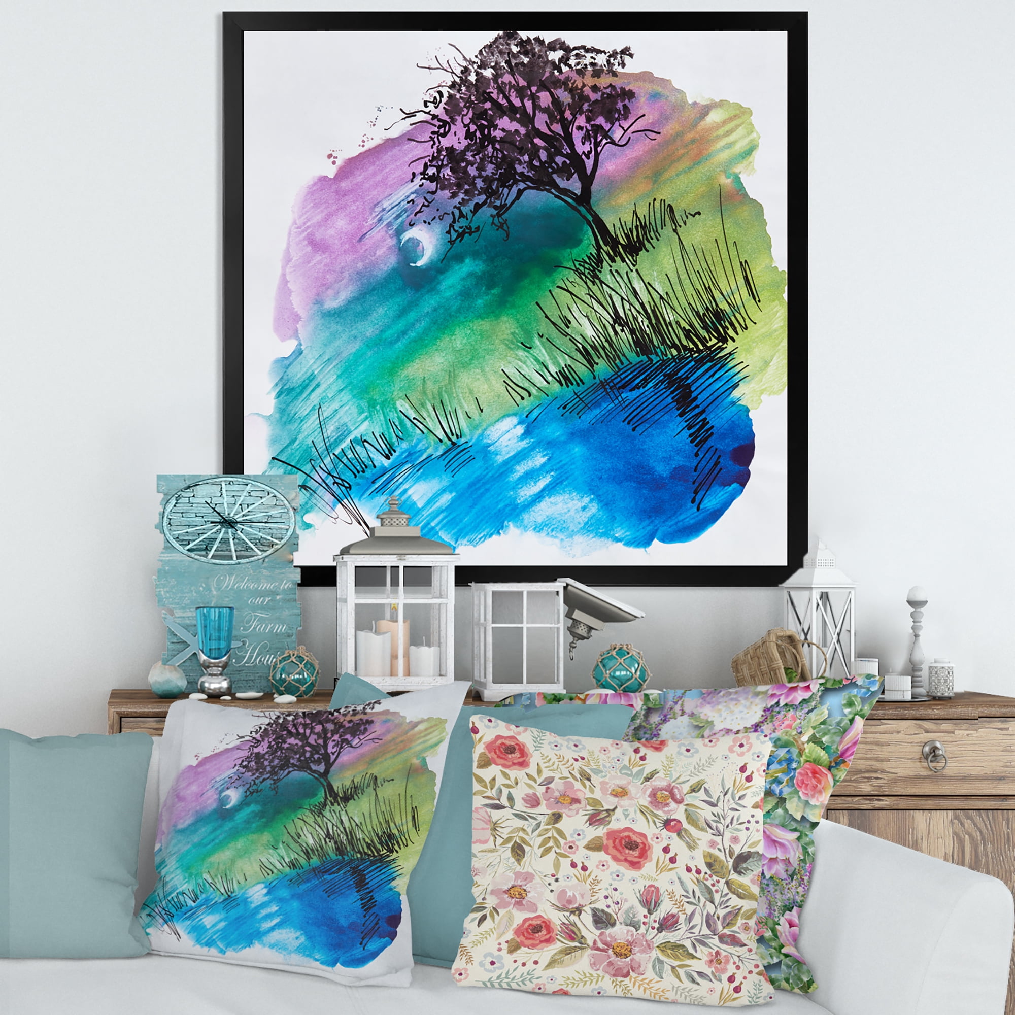 Designart 'Rainbow Silhouette Of Tree On The Riverbank At Night' Modern Framed Art Print