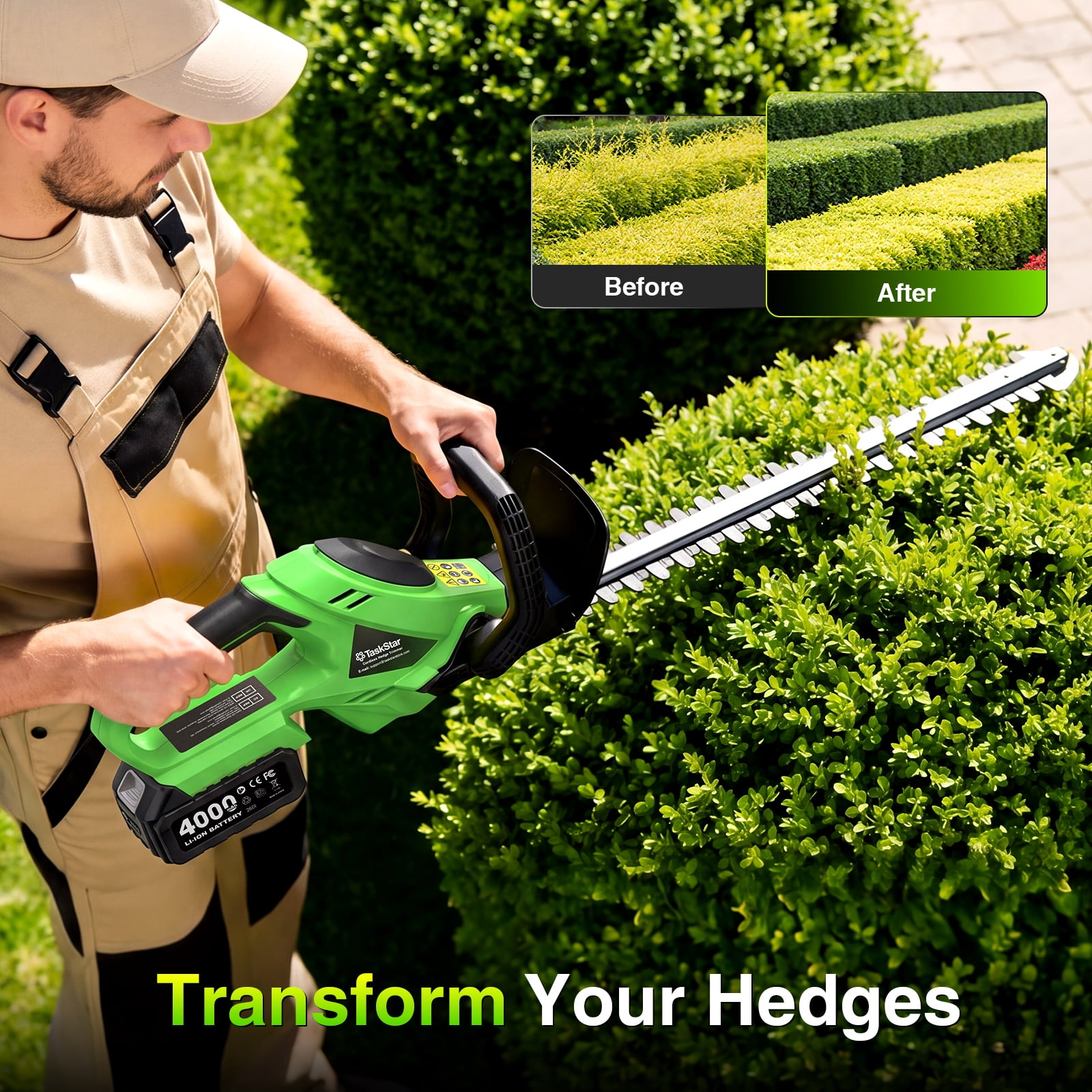 TaskStar 22" Hedge Trimmer Garden Yard Electric Cordless Handheld Shrub & Bush Cutters ,All-Around Trimming Hedge Cutter With 2*4.0Ah Battery