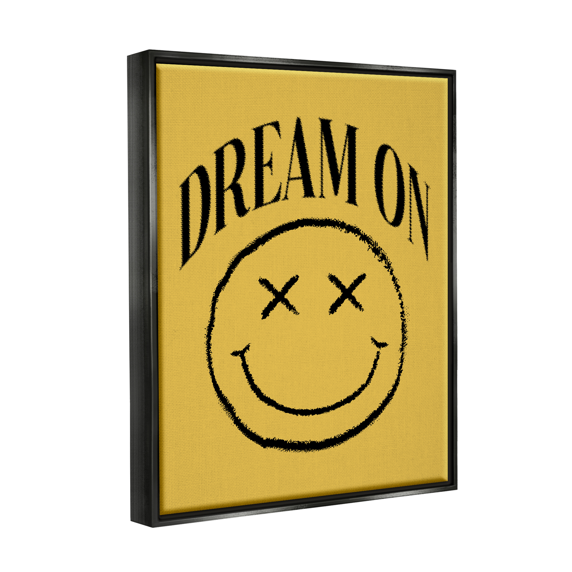 Stupell Industries Dream On Yellow Smiley Abstract Painting Black Floater Framed Canvas Art Print Wall Art, 17 x 21