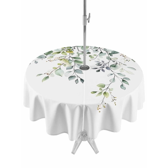 Outdoor Table Cloth with Umbrella Hole and Zipper, Eucalyptus Leaf Waterproof Round Tablecloth 54 Inch, Weeping Botanical Summer Flowers Washable Table Cover for Outside Party Patio Picnic