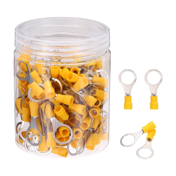 Uxcell 150Pcs Insulated Ring Terminal RV2-10 Battery Lugs 16-14AWG Electrical Crimp Terminals Eyelet Wire Connectors for Industrial, Electrical Wiring, Yellow