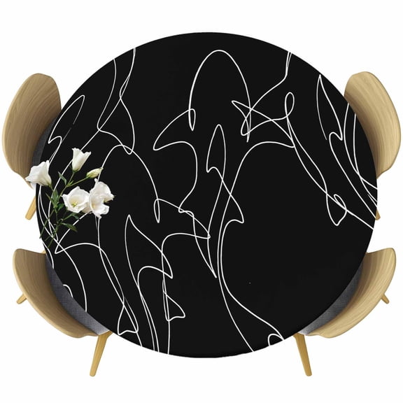 Black Striped Shark Round Tablecloth 55-60 Inch Round Fitted Table Cloth with Elastic Edge, Modern Abstract Art Stripes Waterproof Table Cover Protector for Outdoor Picnic Party Dining