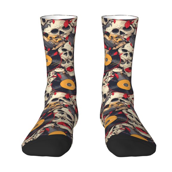 Uemuo rock Skull record artist Pattern Women's Crew Socks, Soft Durable Breathable Moisture-Wicking with Odor Control Cotton socks