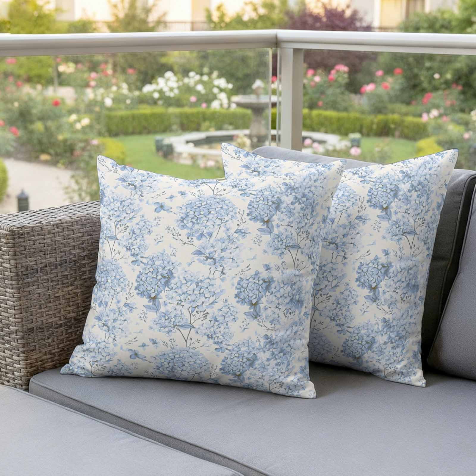 Spring Blue Flower Pillow Covers 2 Pack Hydrangeas Floral Leaf Plants Vintage Pillowcase Waterproof Outdoor Throw Pillow Cover for Patio Garden Square Cushion 16”x16”