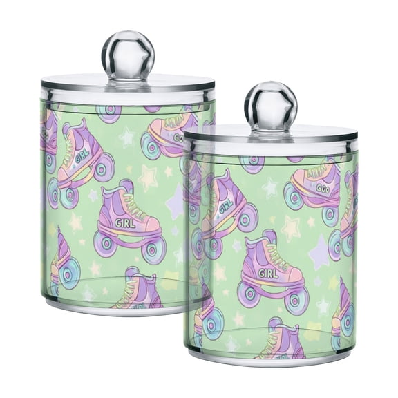 Yayeee 2 Pack Qtip Holder Bathroom Cotton Swab Canister with Lid Clear Dispenser Set, Purple Skates