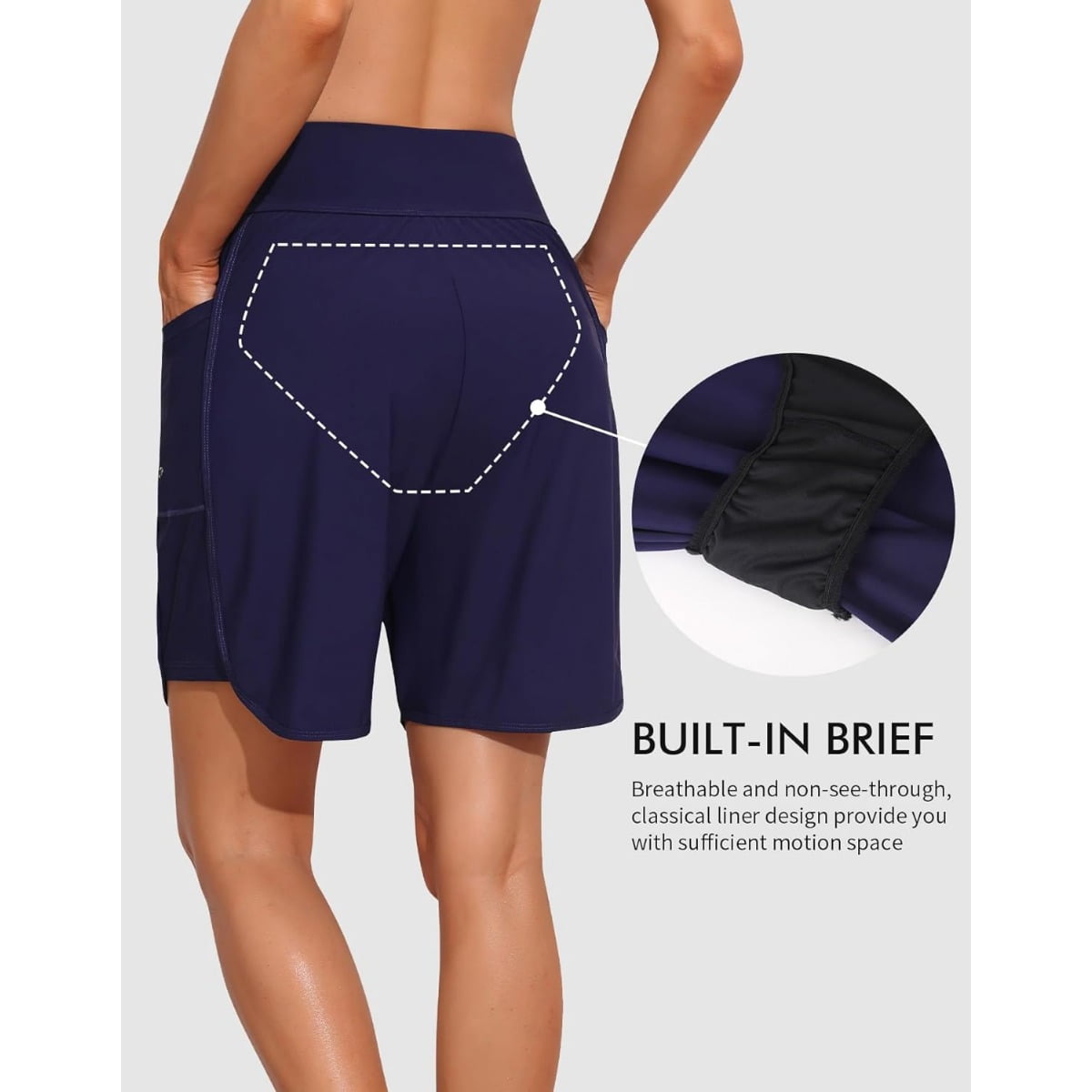Alove Womens 6" Swim Shorts Built-in Brief Solid High Waisted Board Shorts with Pockets Quick Dry UPF50+ Swimsuit Bottoms