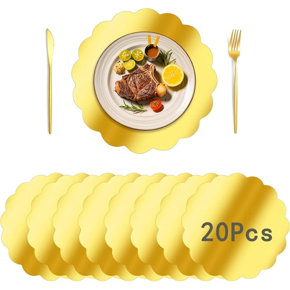 Tutuviw Round Gold Scalloped Paper Placemats 20 Pcs 13" Disposable Mirror Foil Decorative Place Mats Paper Placemats Waterproof Bulk for Banquet Tea Party Christmas Dining Table Decor