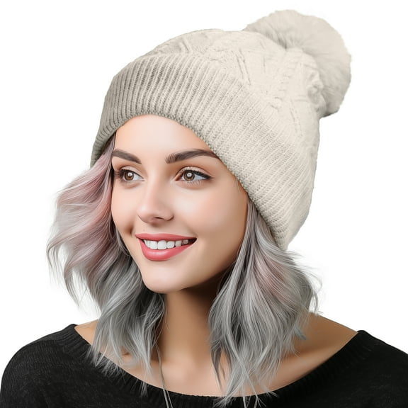 Dalix Cable Knit Pom Beanie Soft Stretch Skully Warm Fuzzy Faux Sherpa Winter Ski Beanie in Cream