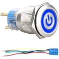 thumbnail image 1 of DC 12V 19mm Metal Snap Push Button Switch, 4 Pin Car RV Truck Boat ON / OFF Switch, Waterproof Round Marine Push Button Switch with Blue LED Light with Blue Wire Socket, 1 of 7