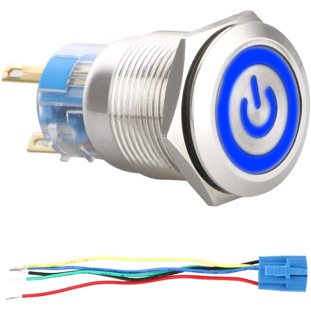 DC 12V 19mm Metal Snap Push Button Switch, 4 Pin Car RV Truck Boat ON / OFF Switch, Waterproof Round Marine Push Button Switch with Blue LED Light with Blue Wire Socket