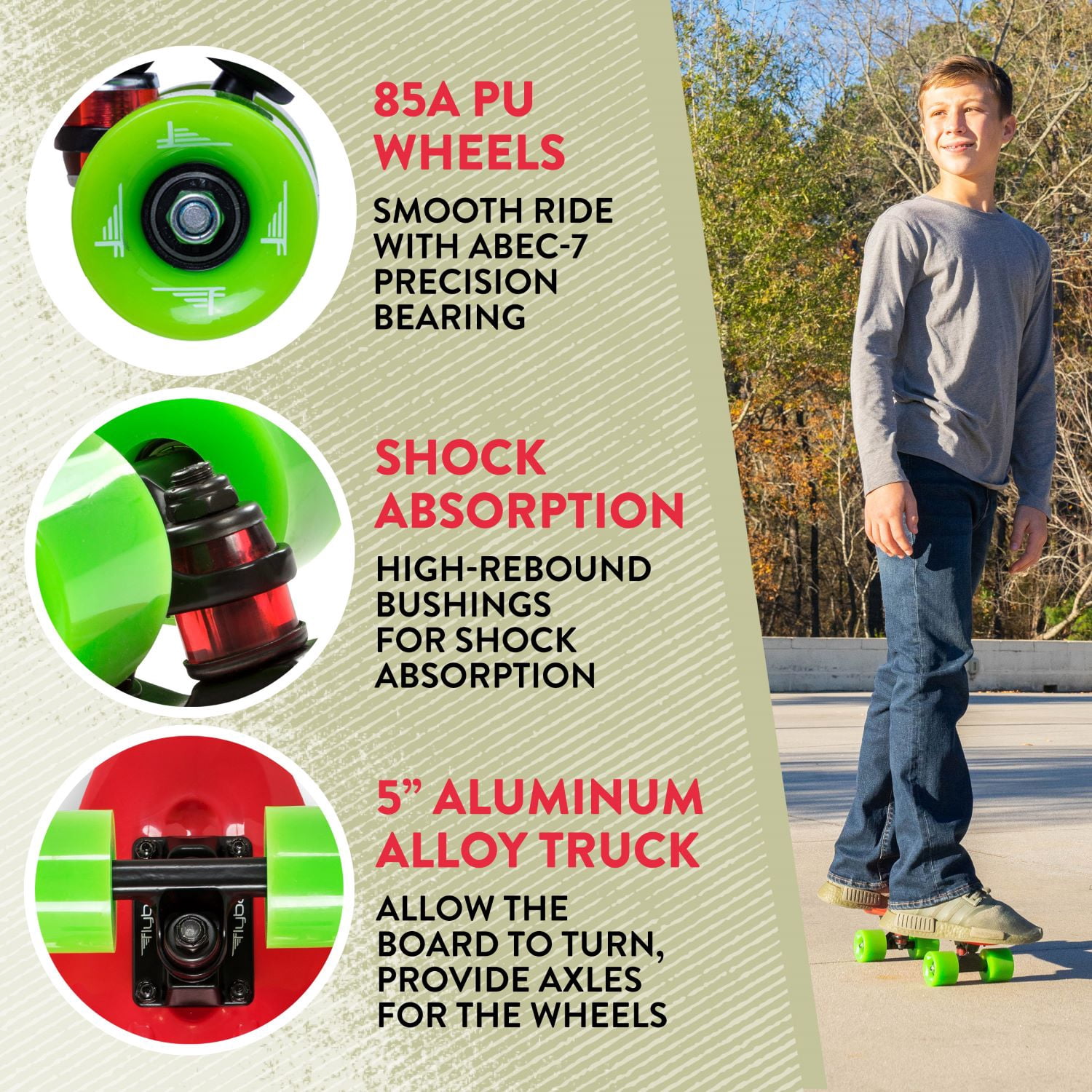 Flybar 22 inch Plastic Cruiser Skateboard, Non-Slip Deck, for Boys and Girls Ages 6+ up to 175lbs, Red