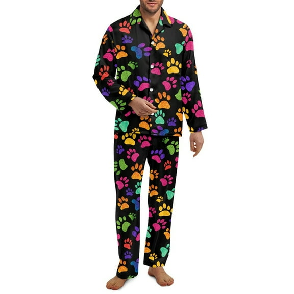 SCRAWLGOD Colorful Paws Black Casual Pajamas Set Mens Pajamas Long Sleeve Notch Collar Loungewear Two-Piece Comfy Sleepwear Button-Down Pj Set with Elastic Band & Pockets, XS