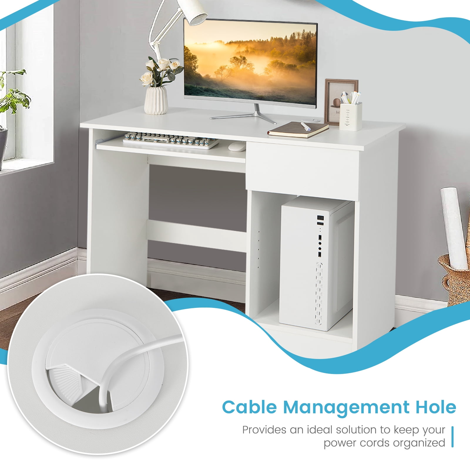 Giantex Computer Desk w/Keyboard Tray, Home Office Desk w/Cable Hole, Study Desk, Modern Writing Workstation, White