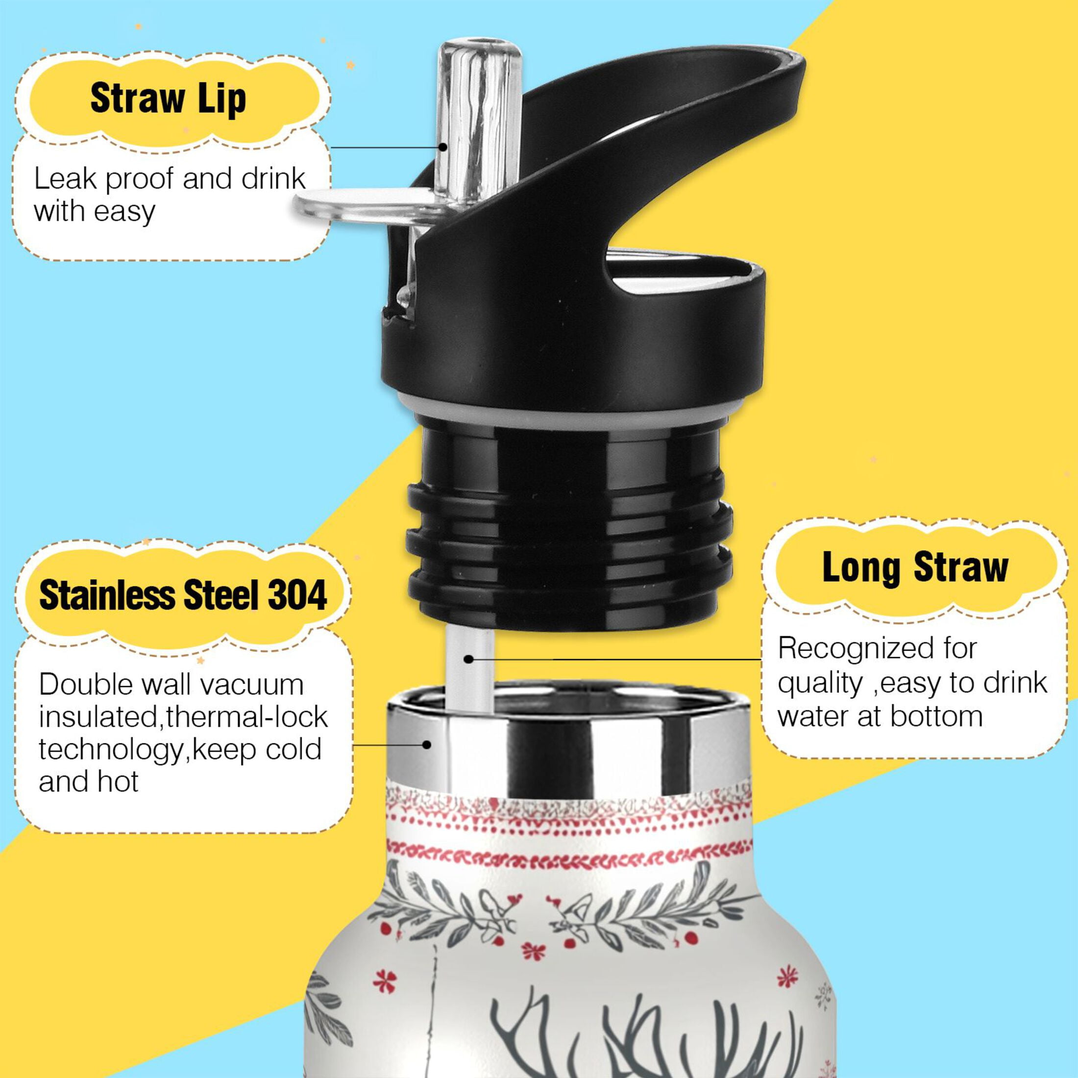 600ML Stainless Steel Insulated Cup Sports Water Bottle Portable Thermos Cup Water Glasses Insulated Tumblers Convenient and Durable Reindeer Pattern