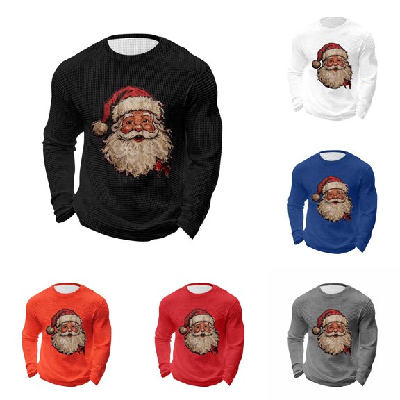 Trendfront Mens Santa Face Graphic T Shirts Crewneck Long Sleeve Classic Christmas Character Front Print Winter Holiday Casual Tee Tops