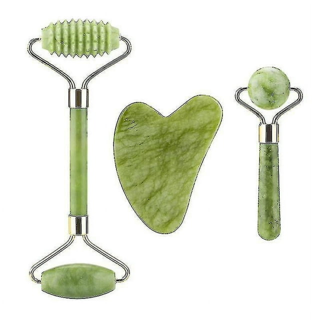 Rodillo masajeador Facial 3 en 1, Kit de tablero Guasha, doble cabezal, piedra de Jade, Estiramiento Facial, relajación de la piel, herramienta de belleza adelgazante Gua Sha