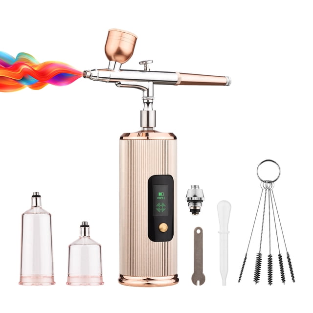 Portable Airbrush Set with Compressor Handheld Cordless Airbrush Pen with LCD Screen Double Action 3 Levels Adjustable Pressure Built-in Battery for Painting Model Coloring Nail Art Makeup Cake