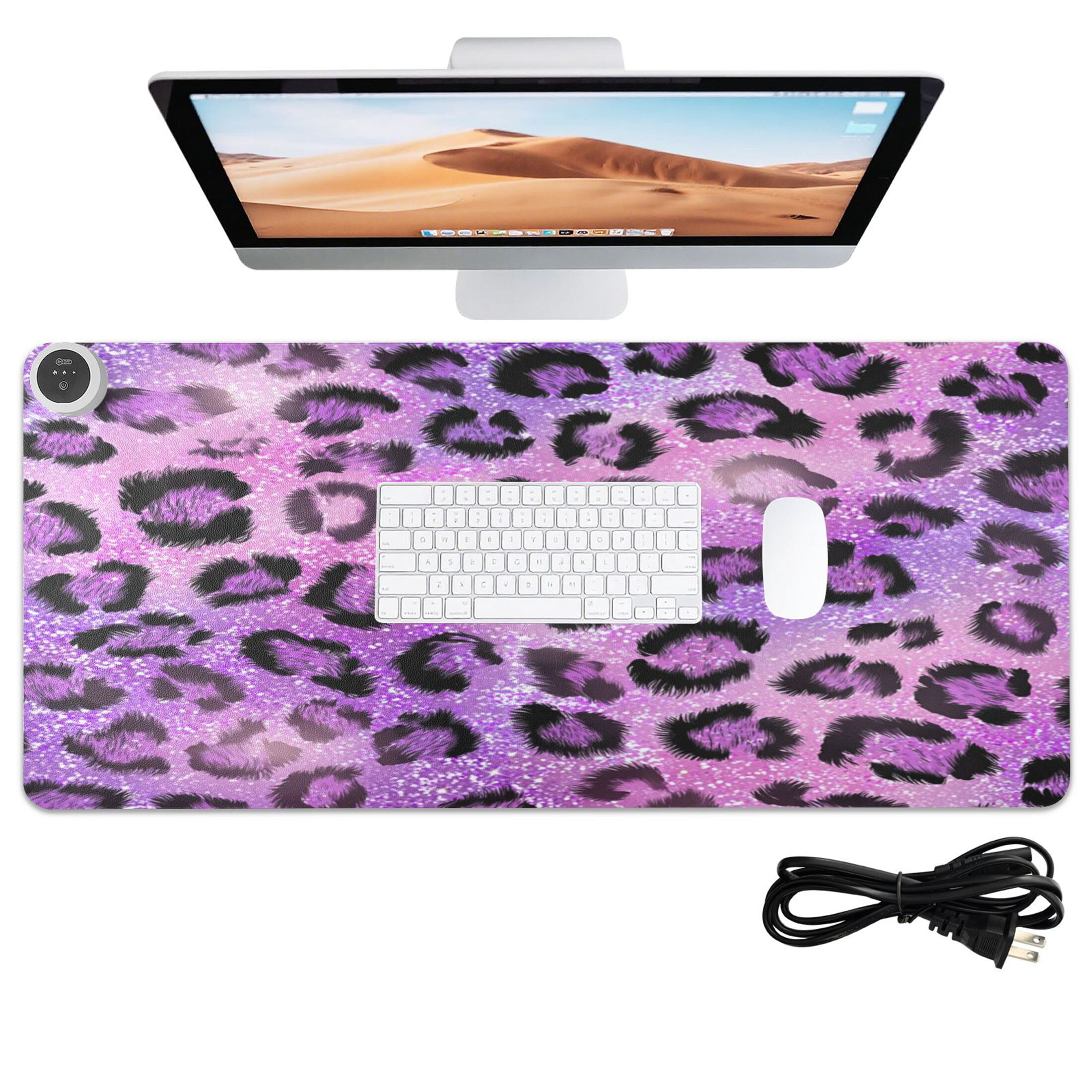 Large Heated Desk Mat Mouse Pad 31.5"x13"PU Leather Graphene Heating Desk Warmer with 3 Temperature Settings 110V US Plug Non-Slip Warm Pad for Home, Office, and Gaming Sparkle Pink Leopard Print