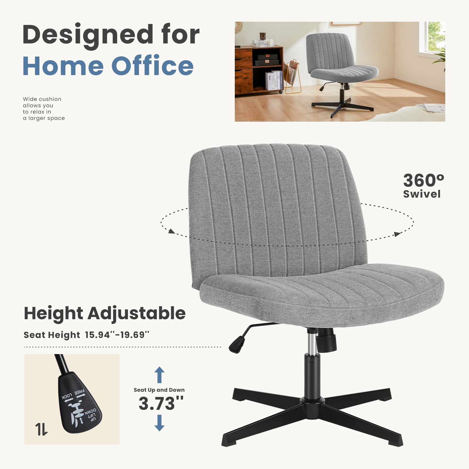 Office Chair Armless Criss Cross Legged Chair No Wheels, Comfy Home Office Desk Chairs, Adjustable Swivel Padded Fabric Vanity Task Computer Chair